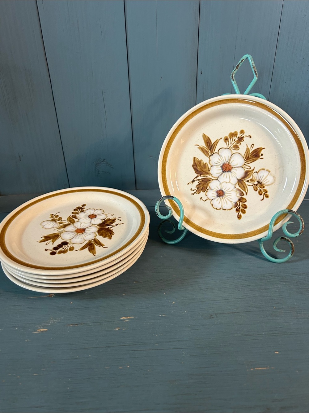 Vtg 1970’s Mountain Wood Collection Salad Plates-Stoneware-Brown Floral Set of 6